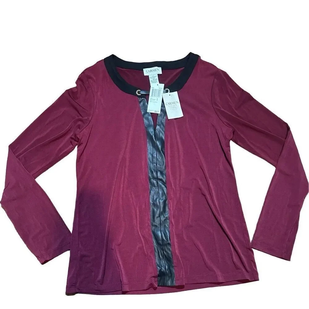 Carmen Marc Valvo wine red long sleeve blouse with faux‎ leather accent sz S NEW - Picture 5 of 6